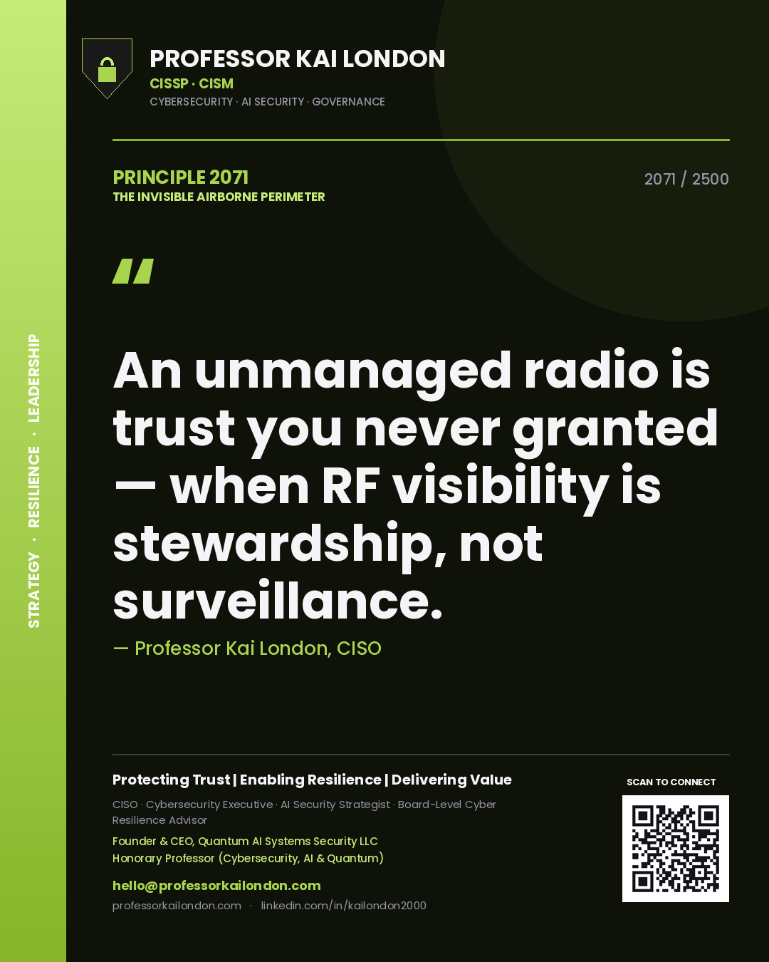 Quote card by Professor Kai London reading 'An unmanaged radio is trust you never granted — when RF visibility is stewardship, not surveillance.'. From the book The Invisible Airborne Perimeter.