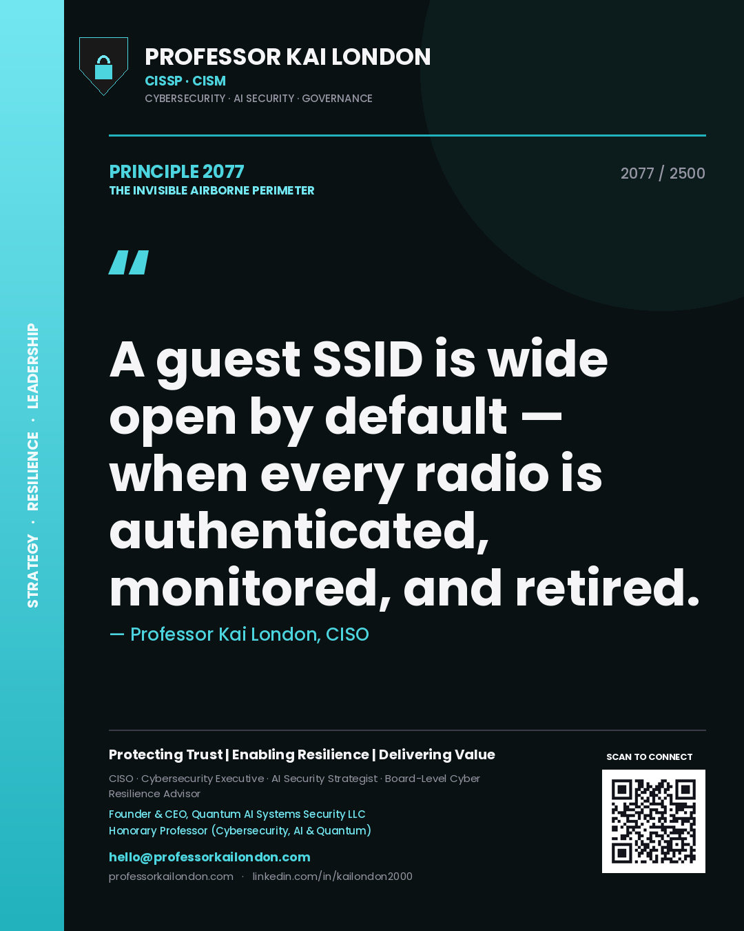 Quote card by Professor Kai London reading 'A guest SSID is wide open by default — when every radio is authenticated, monitored, and retired.'. From the book The Invisible Airborne Perimeter.
