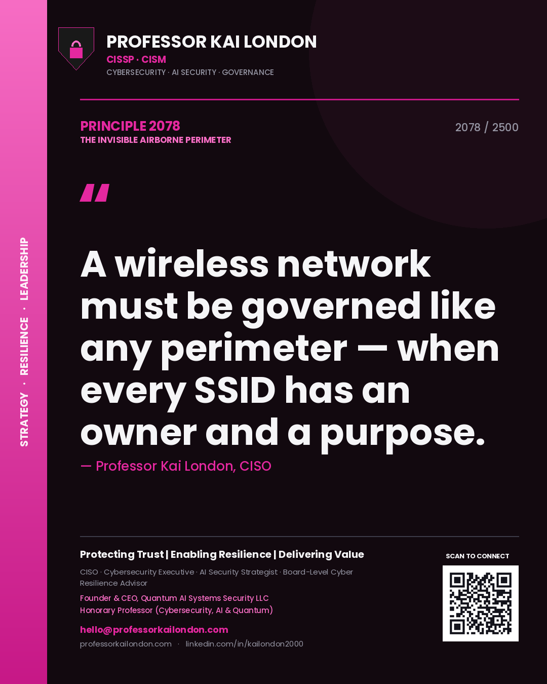 Quote card by Professor Kai London reading 'A wireless network must be governed like any perimeter — when every SSID has an owner and a purpose.'. From the book The Invisible Airborne Perimeter.