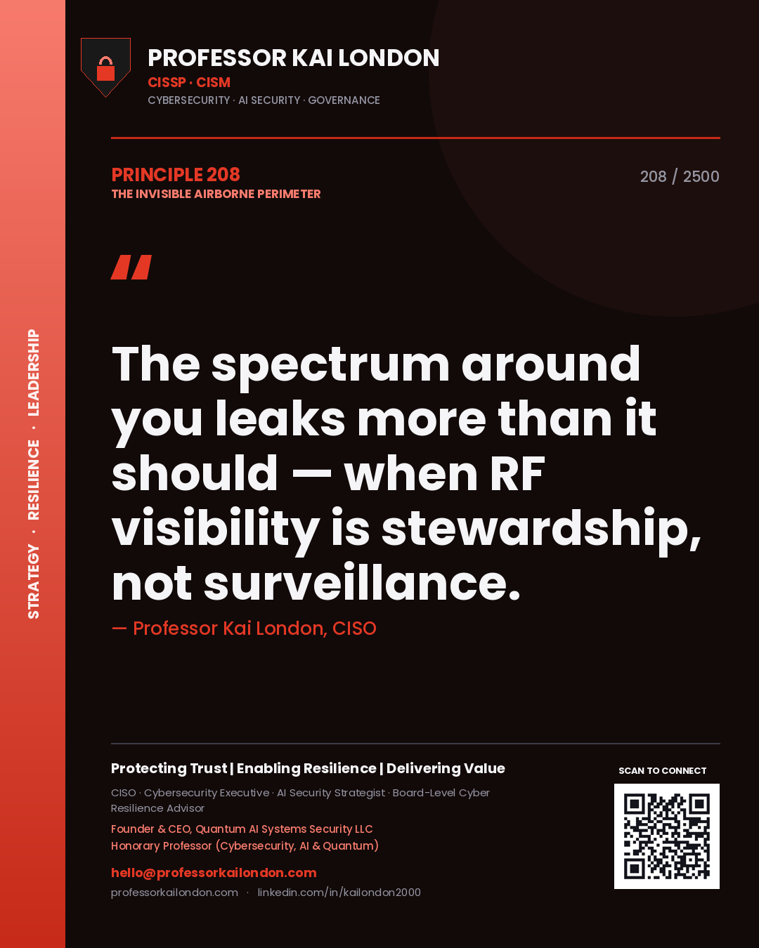 Professor Kai London principle 208: The spectrum around you leaks more than it should — when RF visibility is stewardship, not surveillance.