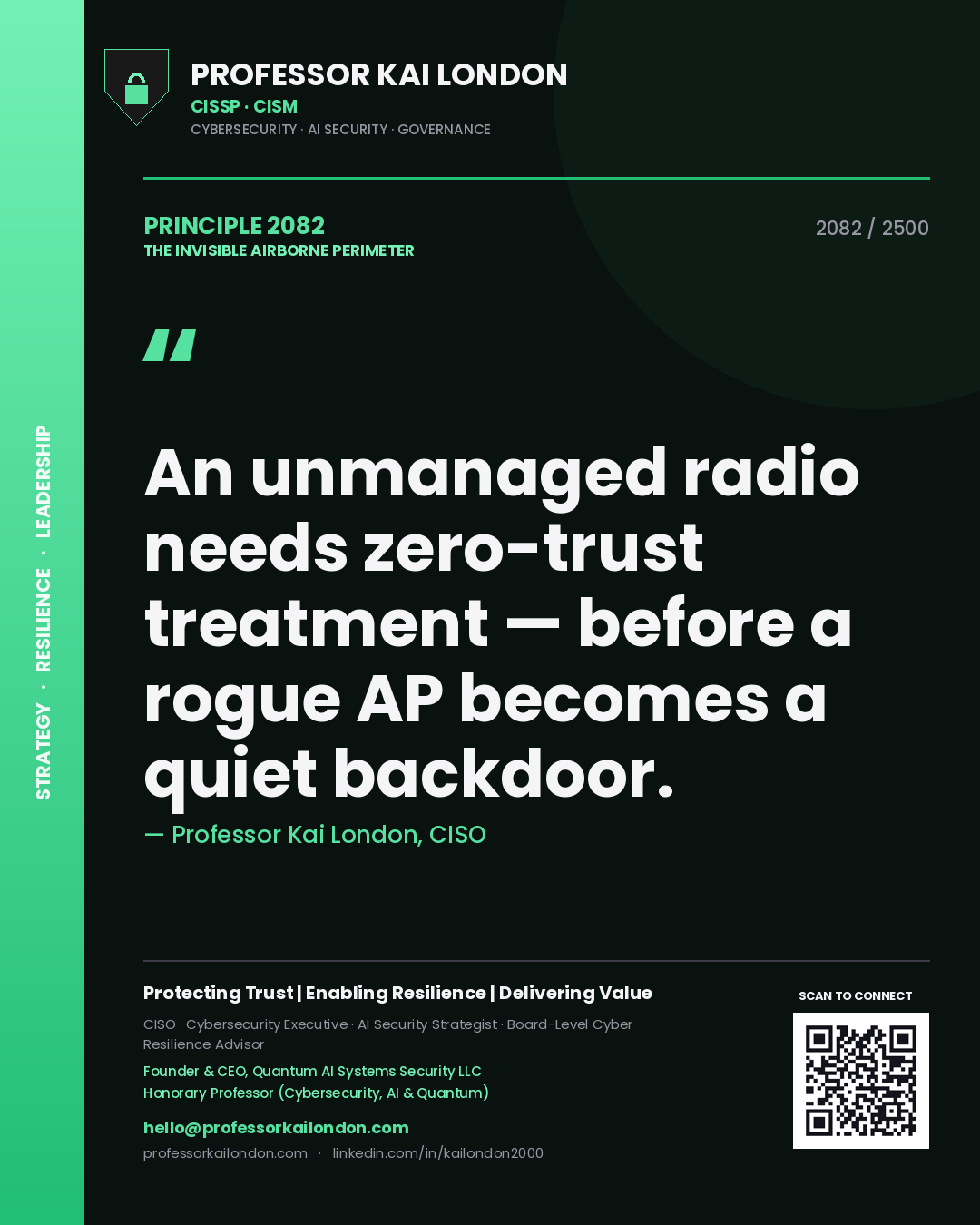 Quote card by Professor Kai London reading 'An unmanaged radio needs zero-trust treatment — before a rogue AP becomes a quiet backdoor.'. From the book The Invisible Airborne Perimeter.