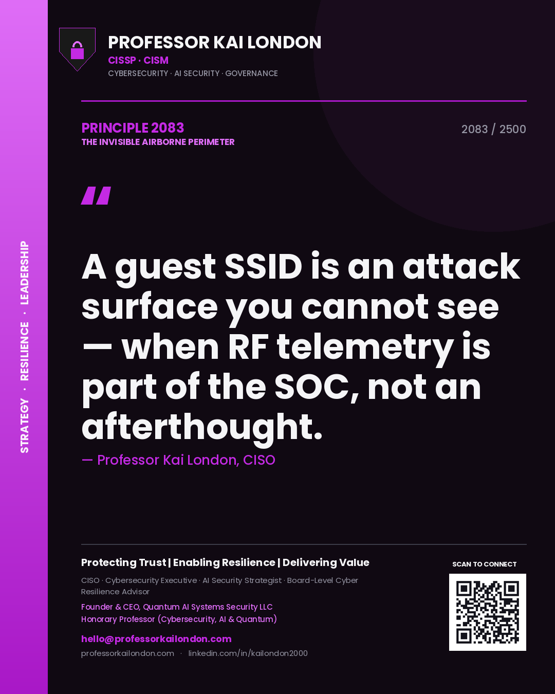 Quote card by Professor Kai London reading 'A guest SSID is an attack surface you cannot see — when RF telemetry is part of the SOC, not an afterthought.'. From the book The Invisible Airborne Perimeter.