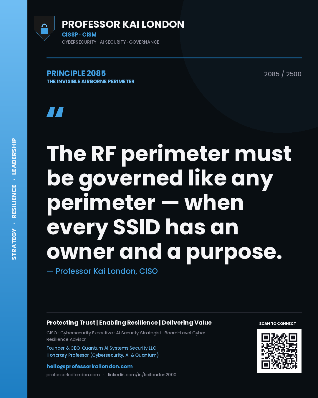 Quote card by Professor Kai London reading 'The RF perimeter must be governed like any perimeter — when every SSID has an owner and a purpose.'. From the book The Invisible Airborne Perimeter.