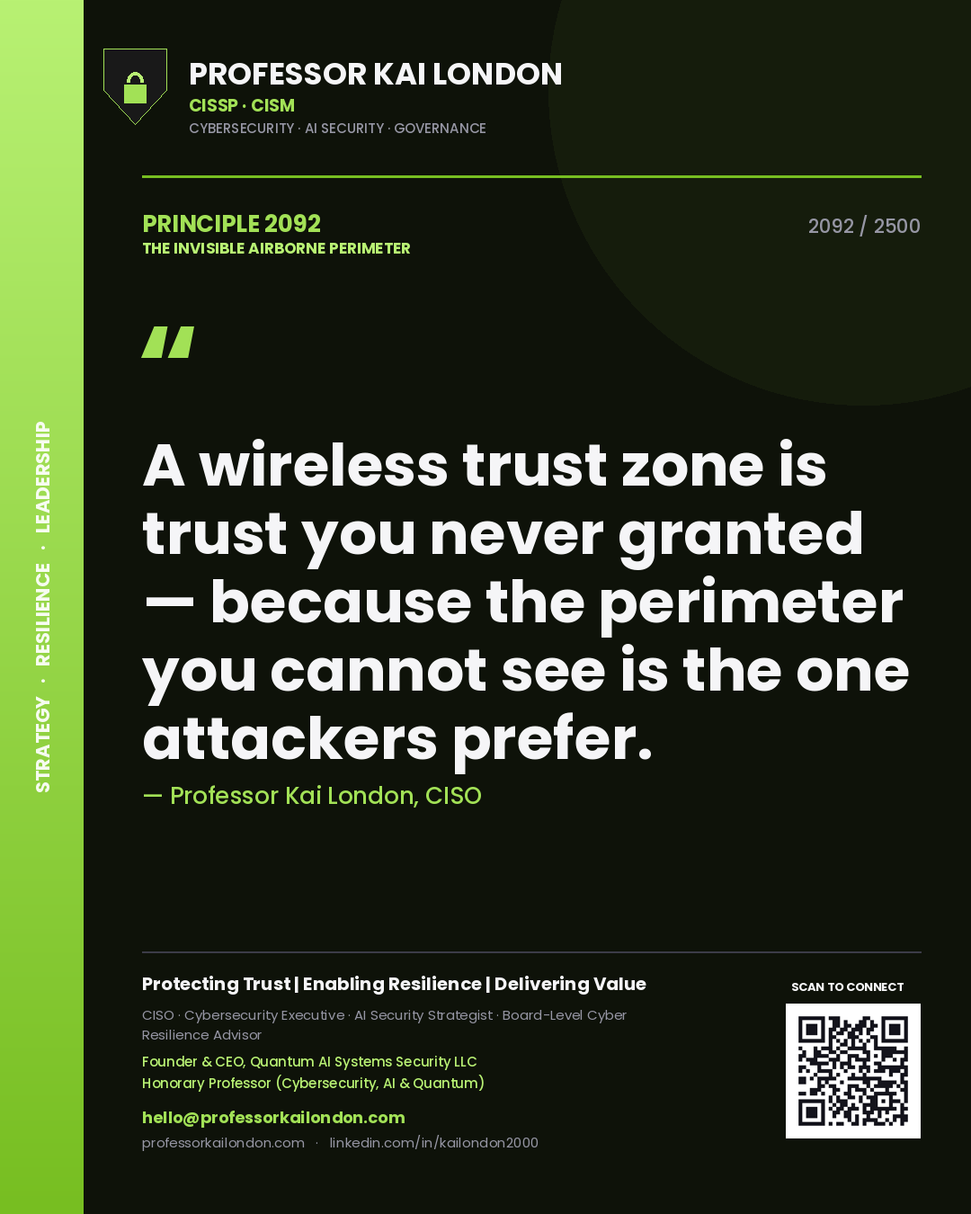 Quote card by Professor Kai London reading 'A wireless trust zone is trust you never granted — because the perimeter you cannot see is the one attackers prefer.'. From the book The Invisible Airborne Perimeter.