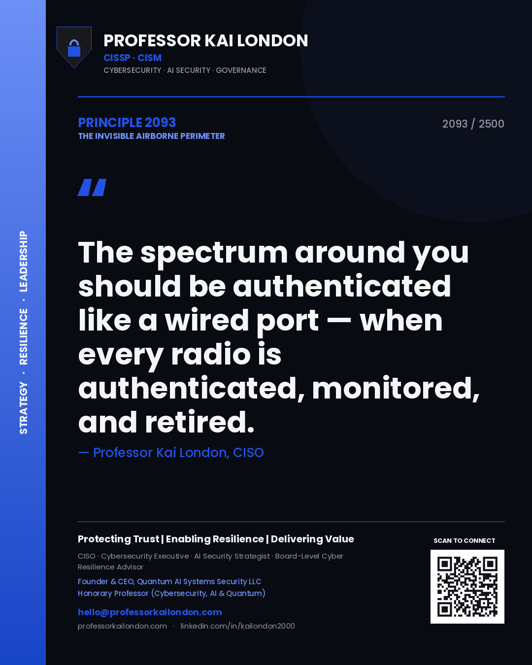 Quote card by Professor Kai London reading 'The spectrum around you should be authenticated like a wired port — when every radio is authenticated, monitored, and retired.'. From the book The Invisible Airborne Perimeter.