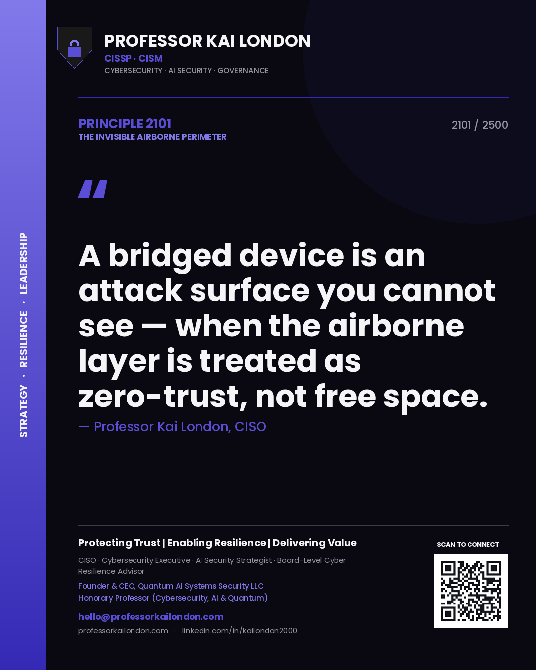 Professor Kai London principle 2101: A bridged device is an attack surface you cannot see — when the airborne layer is treated as zero-trust, not free space.