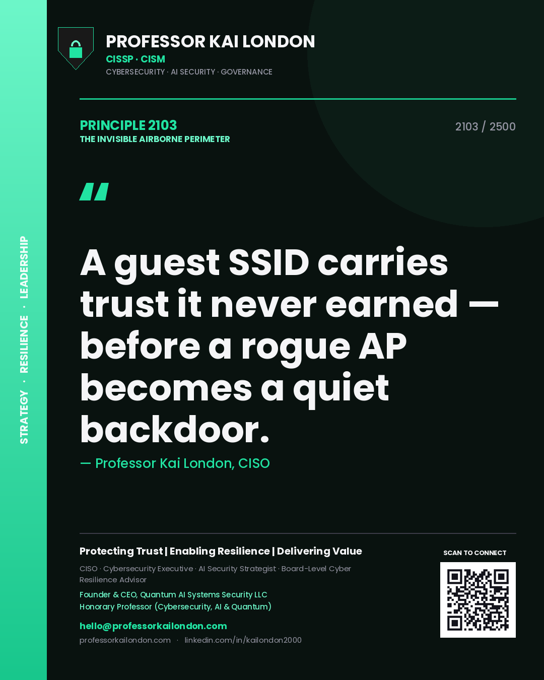 Professor Kai London principle 2103: A guest SSID carries trust it never earned — before a rogue AP becomes a quiet backdoor.