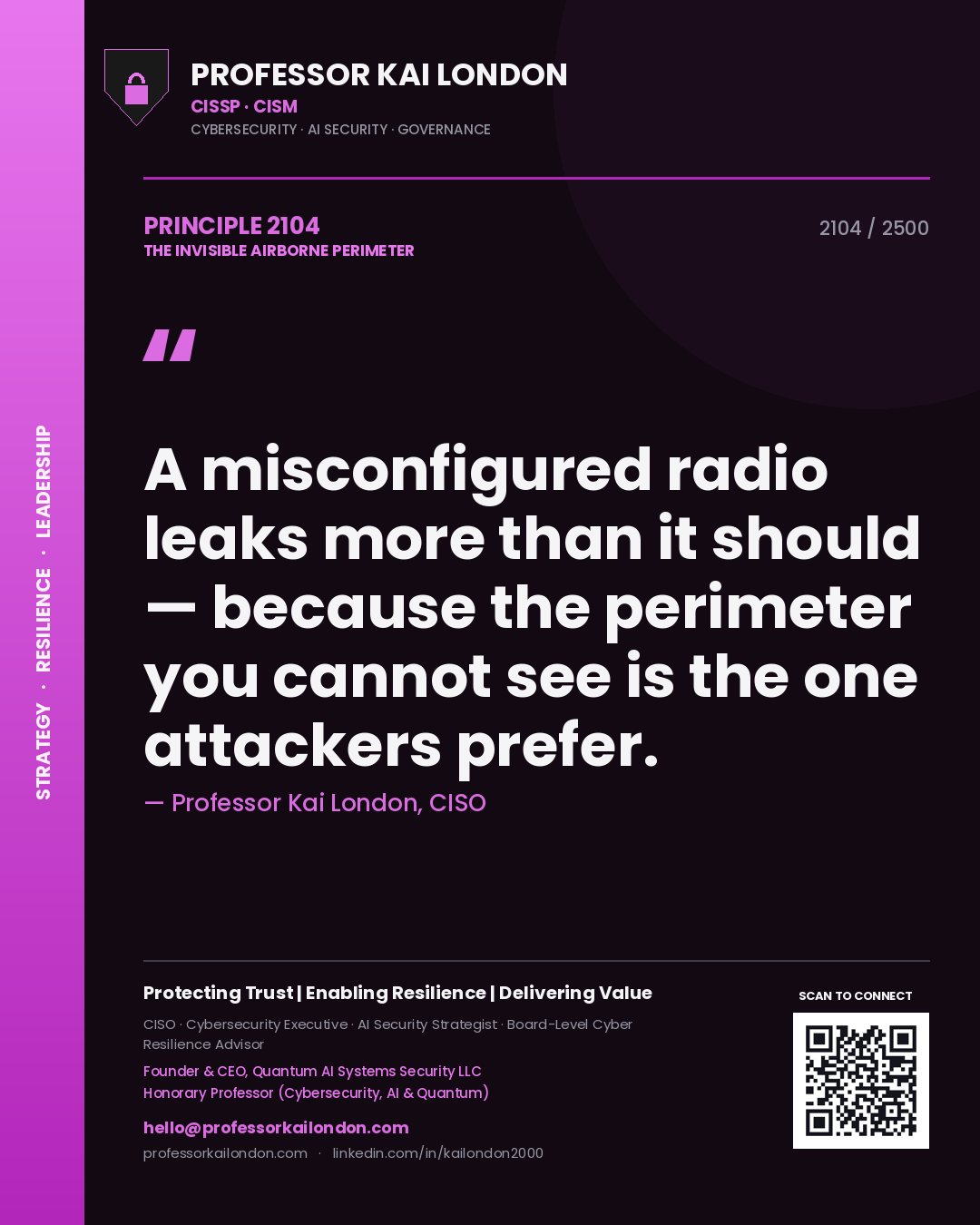 Professor Kai London principle 2104: A misconfigured radio leaks more than it should — because the perimeter you cannot see is the one attackers prefer.