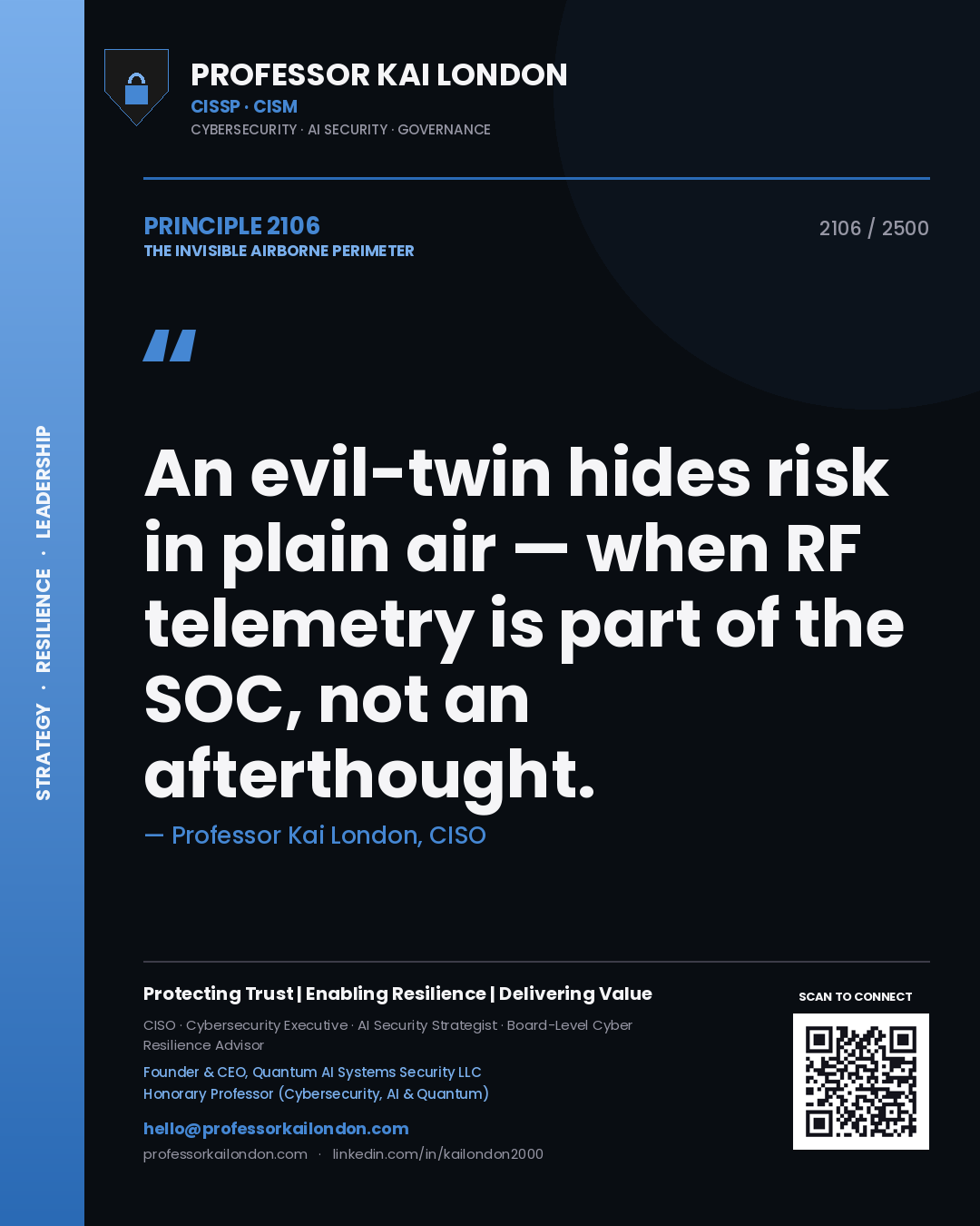 Professor Kai London principle 2106: An evil-twin hides risk in plain air — when RF telemetry is part of the SOC, not an afterthought.