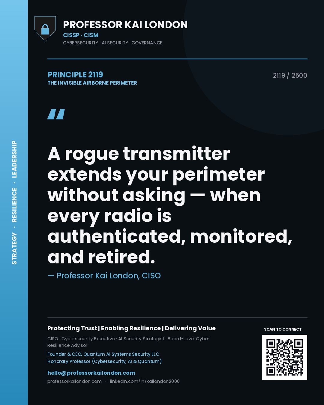 Quote card by Professor Kai London reading 'A rogue transmitter extends your perimeter without asking — when every radio is authenticated, monitored, and retired.'. From the book The Invisible Airborne Perimeter.