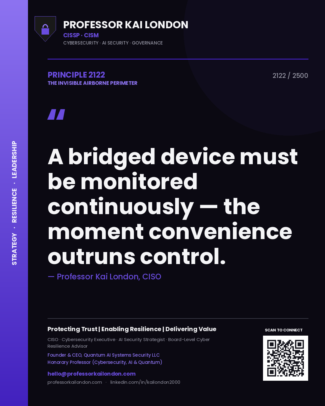 Quote card by Professor Kai London reading 'A bridged device must be monitored continuously — the moment convenience outruns control.'. From the book The Invisible Airborne Perimeter.