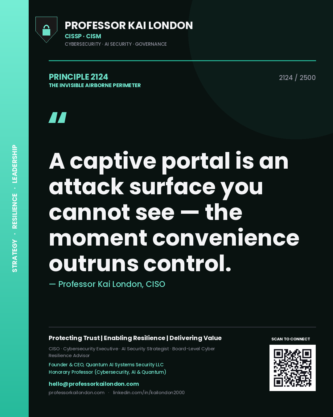 Quote card by Professor Kai London reading 'A captive portal is an attack surface you cannot see — the moment convenience outruns control.'. From the book The Invisible Airborne Perimeter.