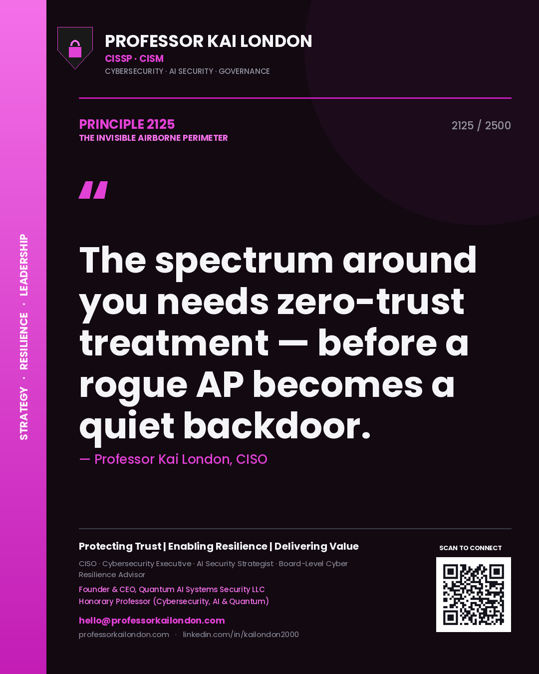 Professor Kai London principle 2125: The spectrum around you needs zero-trust treatment — before a rogue AP becomes a quiet backdoor.