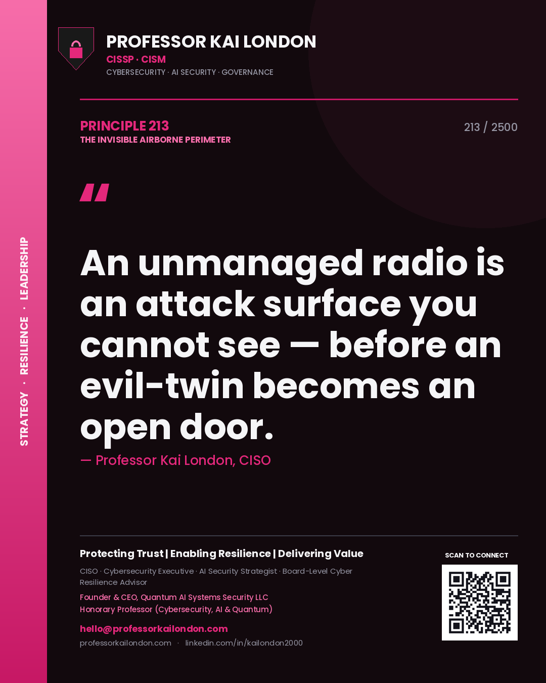 Professor Kai London principle 213: An unmanaged radio is an attack surface you cannot see — before an evil-twin becomes an open door.