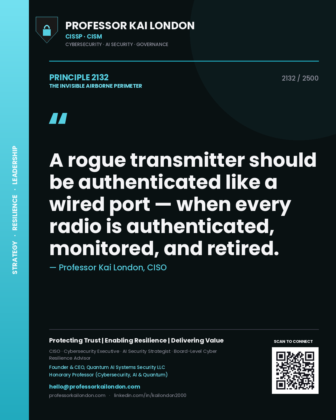 Professor Kai London principle 2132: A rogue transmitter should be authenticated like a wired port — when every radio is authenticated, monitored, and retired.