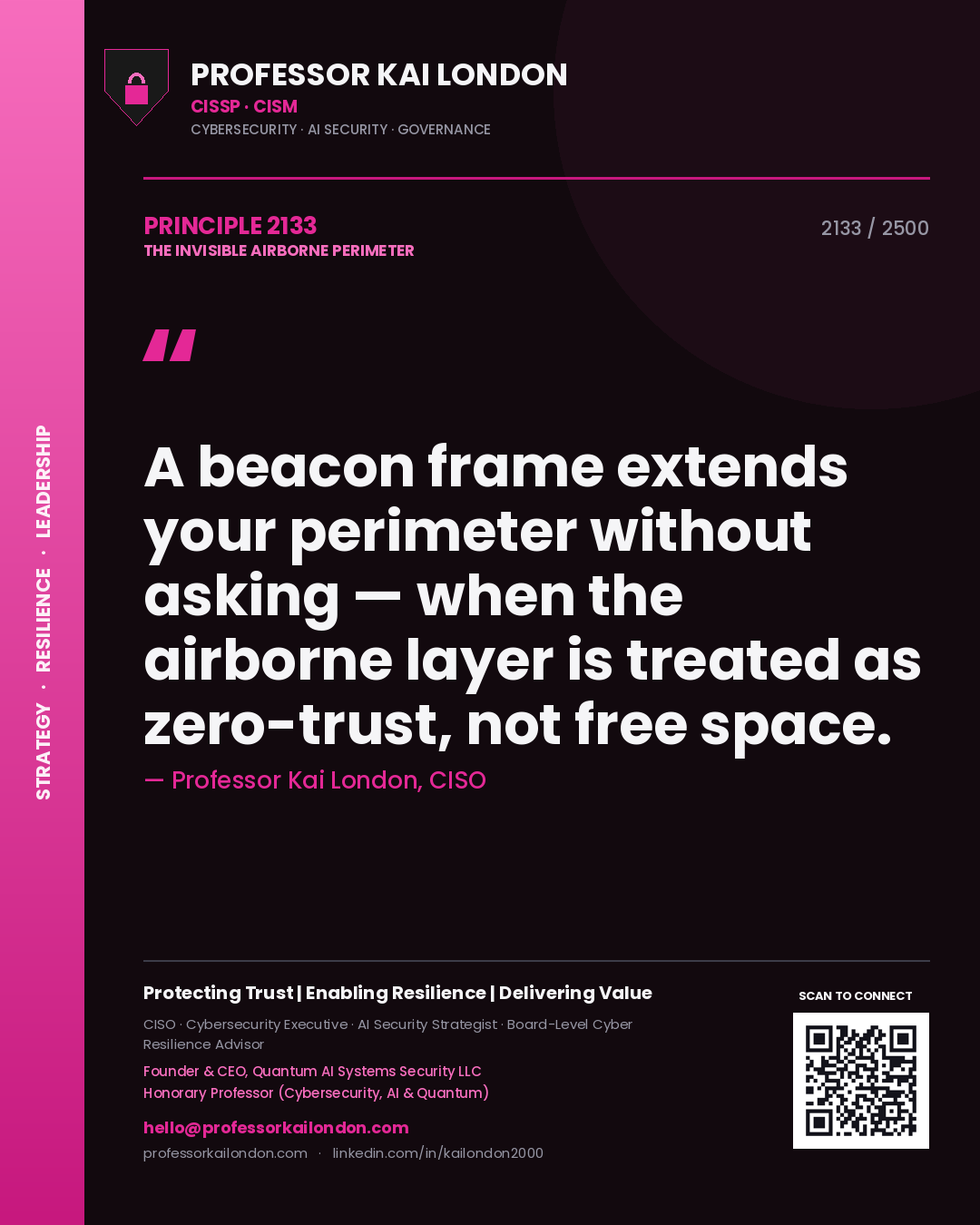 Professor Kai London principle 2133: A beacon frame extends your perimeter without asking — when the airborne layer is treated as zero-trust, not free space.