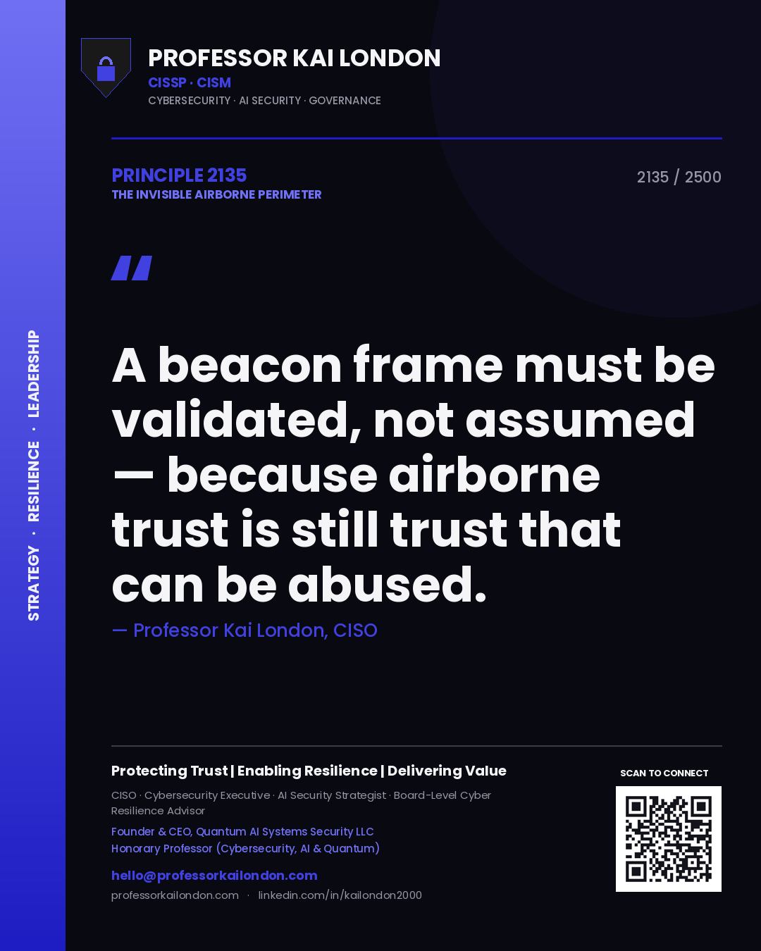 Quote card by Professor Kai London reading 'A beacon frame must be validated, not assumed — because airborne trust is still trust that can be abused.'. From the book The Invisible Airborne Perimeter.