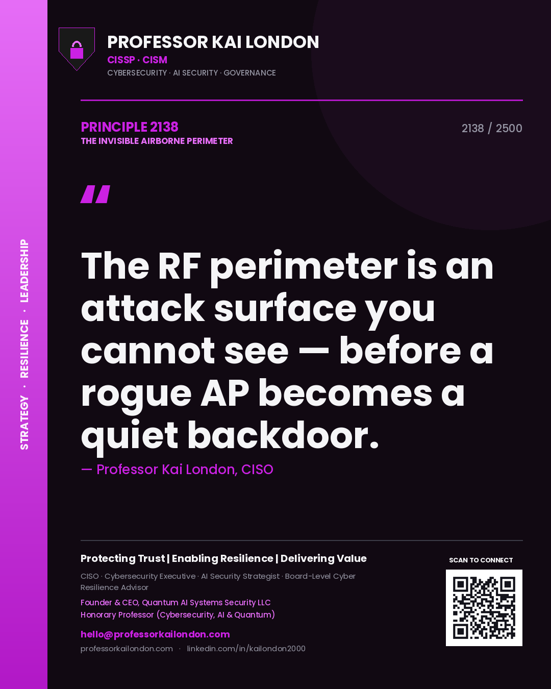 Professor Kai London principle 2138: The RF perimeter is an attack surface you cannot see — before a rogue AP becomes a quiet backdoor.