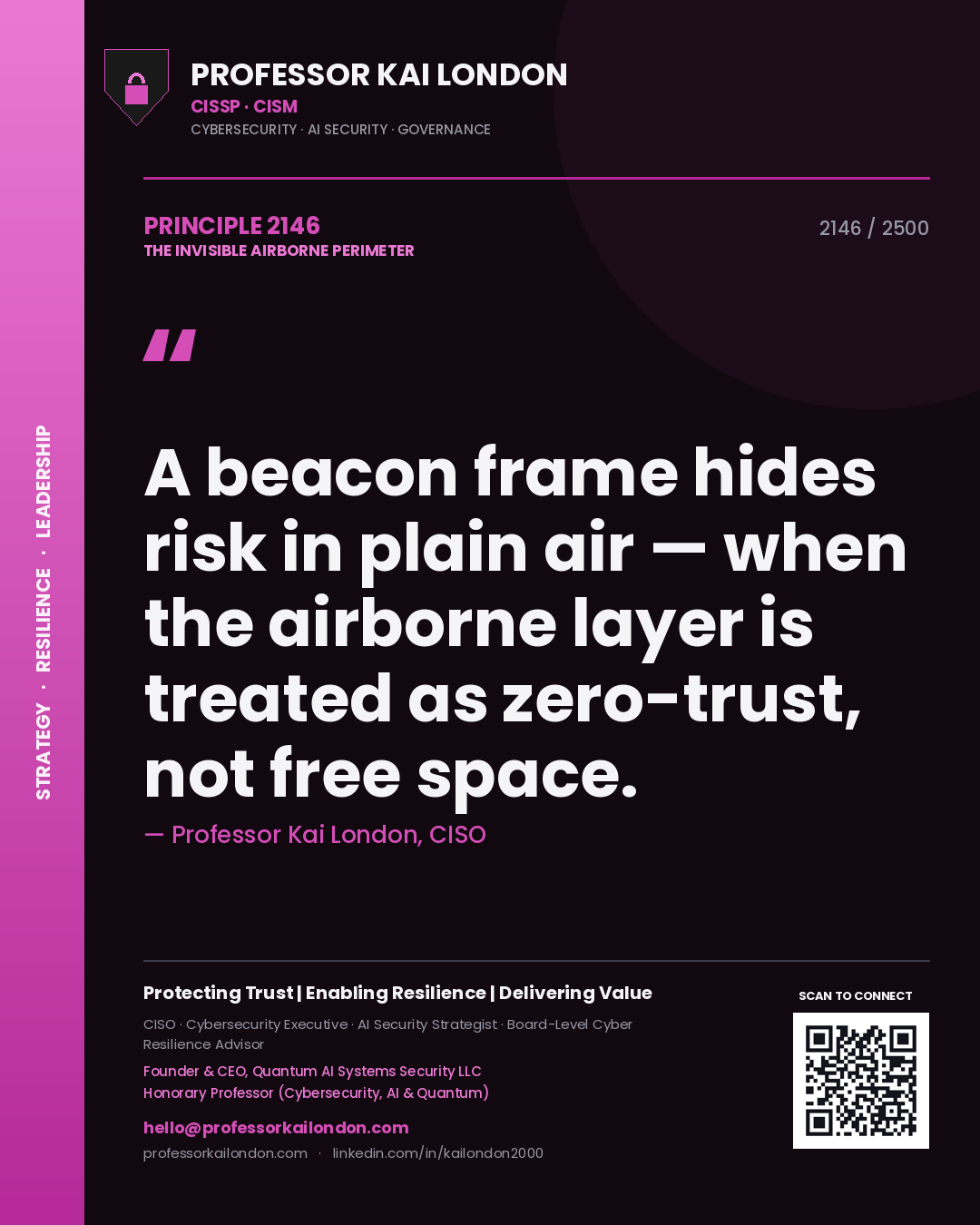 Professor Kai London principle 2146: A beacon frame hides risk in plain air — when the airborne layer is treated as zero-trust, not free space.