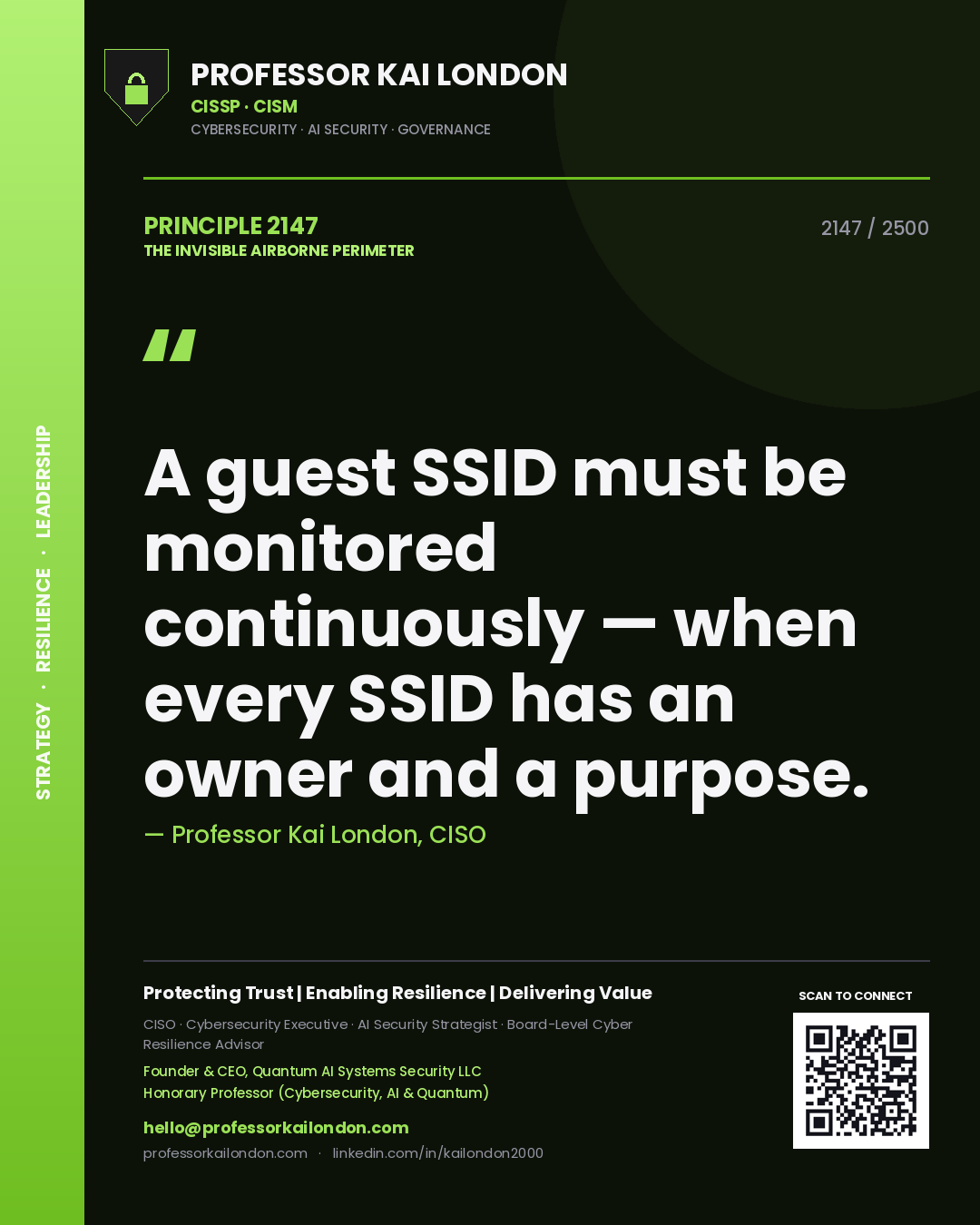 Quote card by Professor Kai London reading 'A guest SSID must be monitored continuously — when every SSID has an owner and a purpose.'. From the book The Invisible Airborne Perimeter.