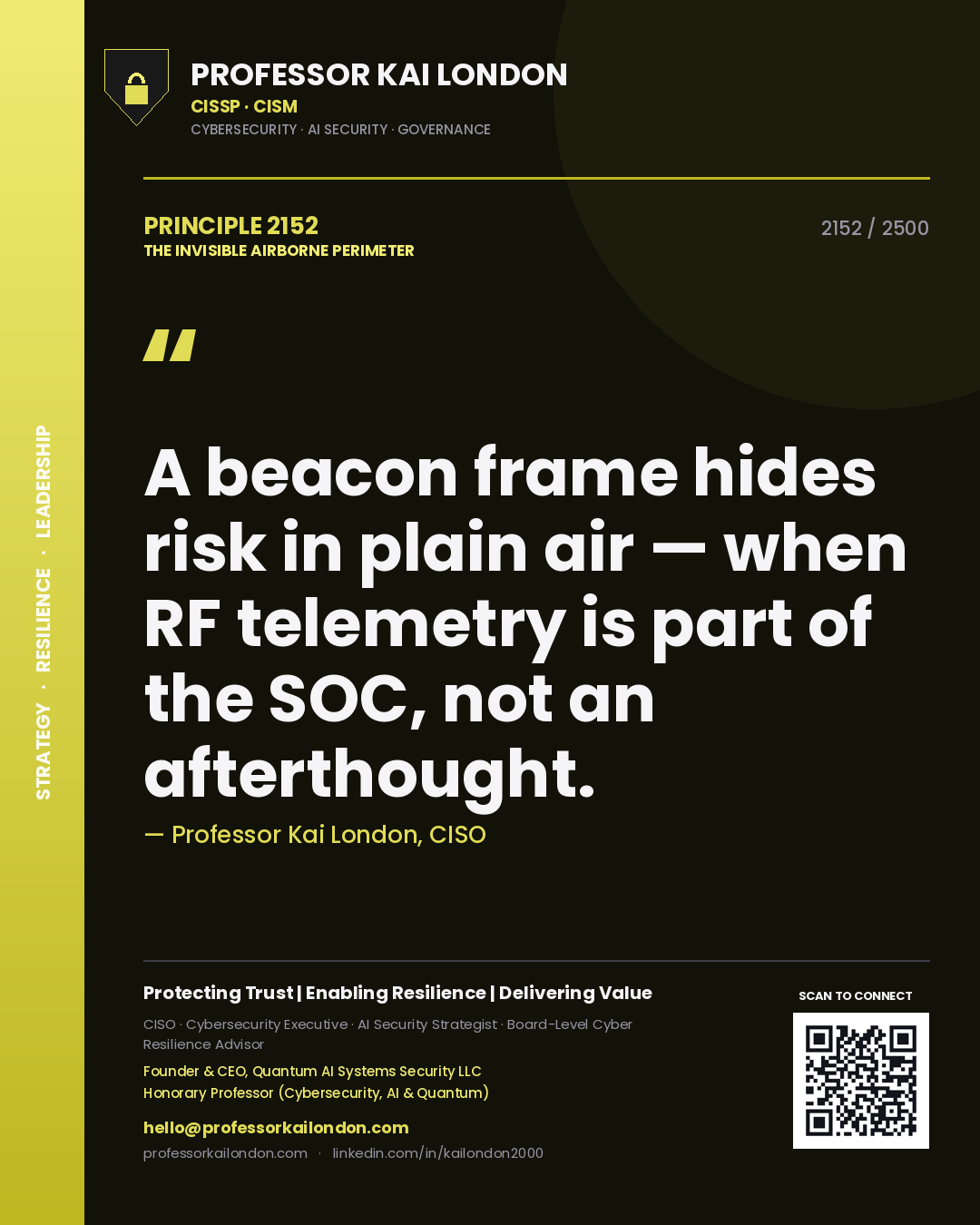 Quote card by Professor Kai London reading 'A beacon frame hides risk in plain air — when RF telemetry is part of the SOC, not an afterthought.'. From the book The Invisible Airborne Perimeter.