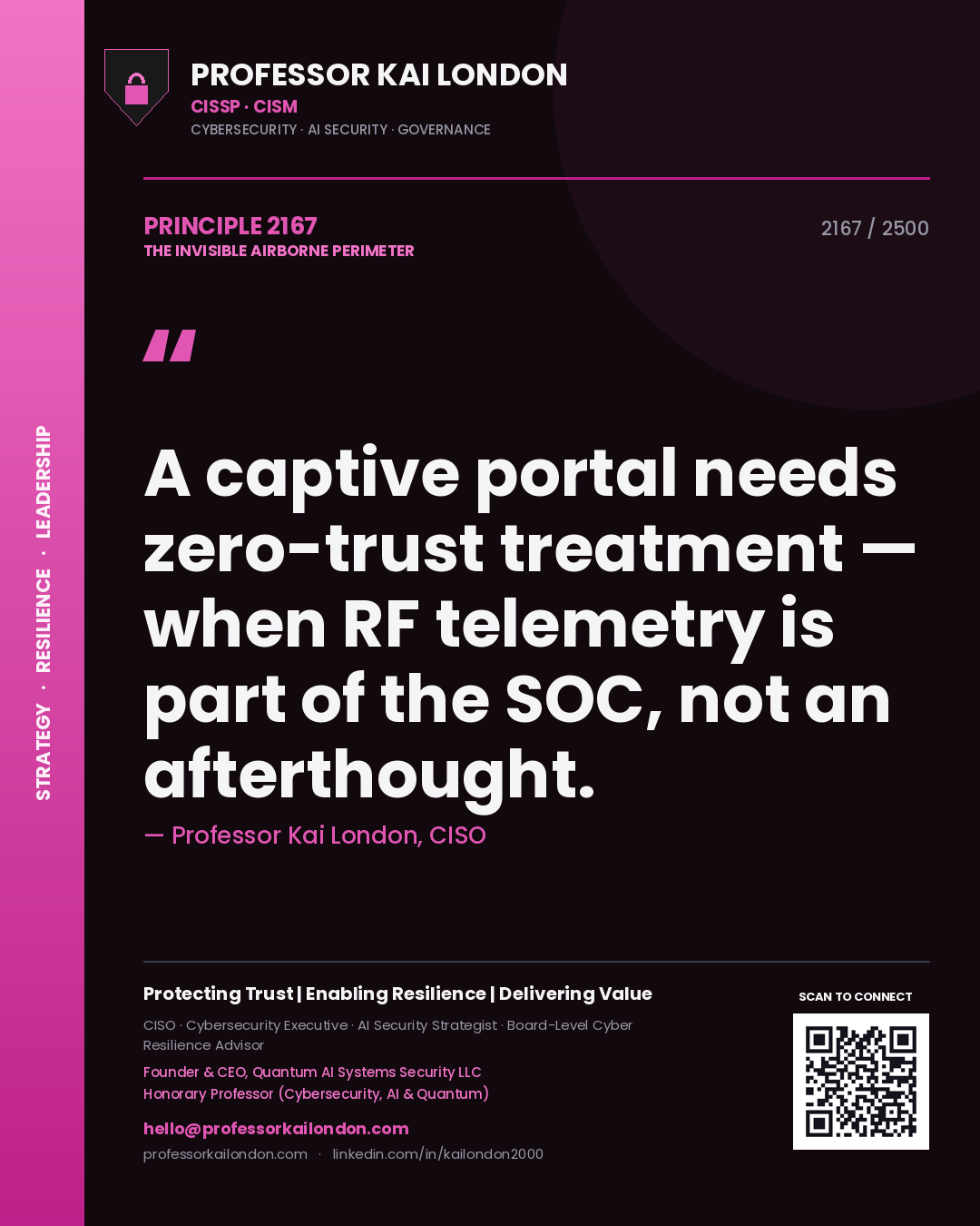 Quote card by Professor Kai London reading 'A captive portal needs zero-trust treatment — when RF telemetry is part of the SOC, not an afterthought.'. From the book The Invisible Airborne Perimeter.