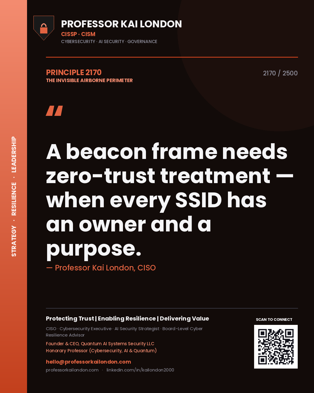Professor Kai London principle 2170: A beacon frame needs zero-trust treatment — when every SSID has an owner and a purpose.