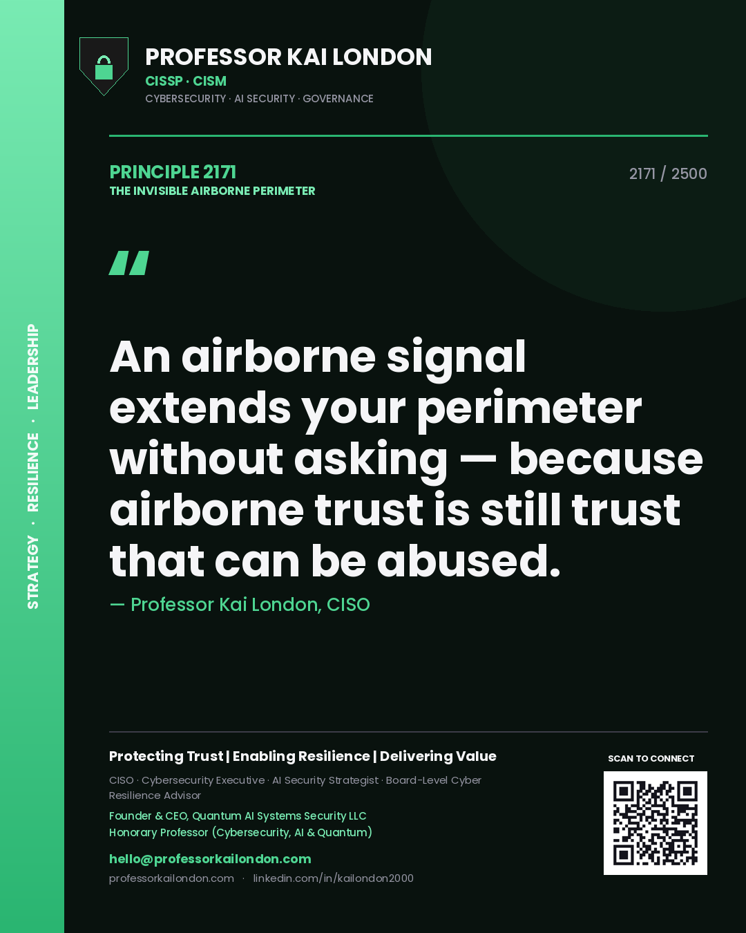 Quote card by Professor Kai London reading 'An airborne signal extends your perimeter without asking — because airborne trust is still trust that can be abused.'. From the book The Invisible Airborne Perimeter.