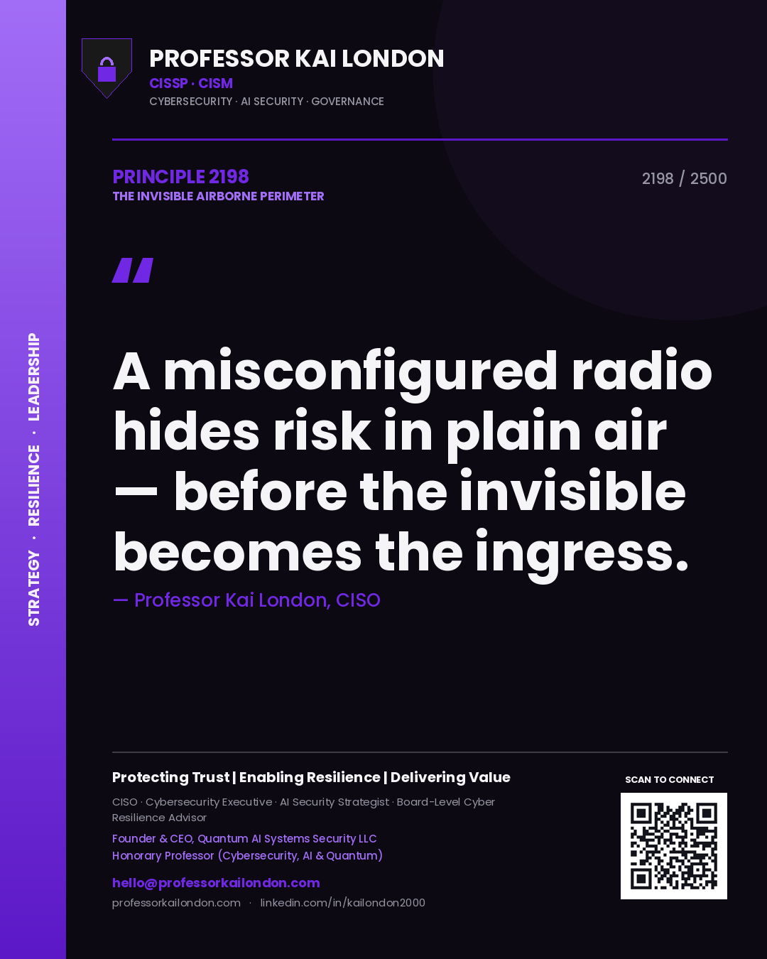 Quote card by Professor Kai London reading 'A misconfigured radio hides risk in plain air — before the invisible becomes the ingress.'. From the book The Invisible Airborne Perimeter.
