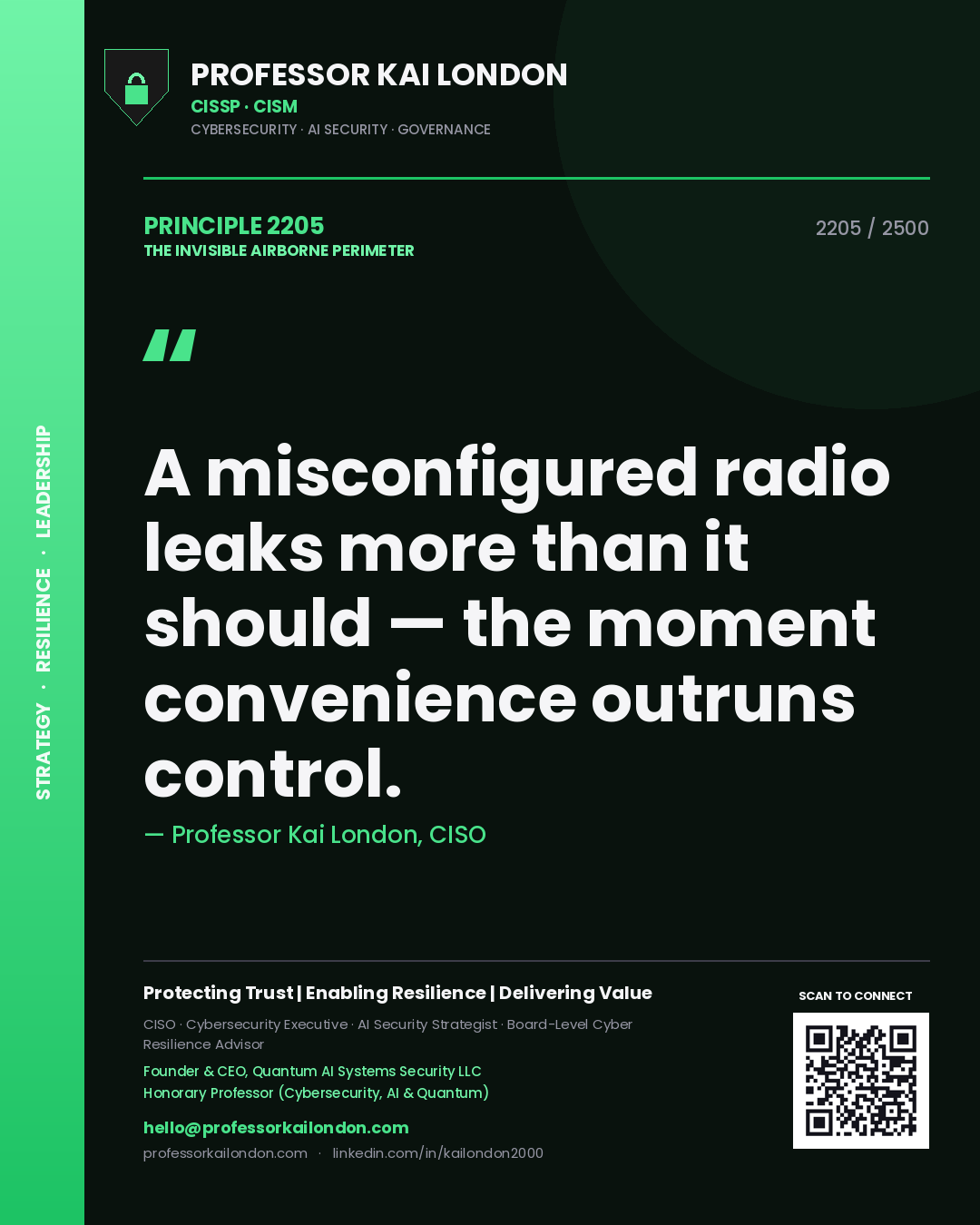 Professor Kai London principle 2205: A misconfigured radio leaks more than it should — the moment convenience outruns control.