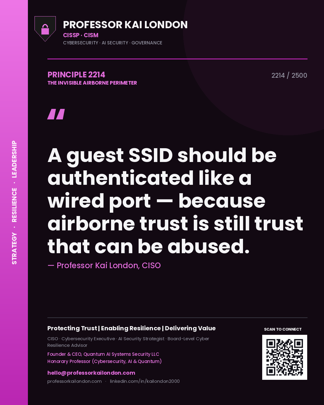 Quote card by Professor Kai London reading 'A guest SSID should be authenticated like a wired port — because airborne trust is still trust that can be abused.'. From the book The Invisible Airborne Perimeter.