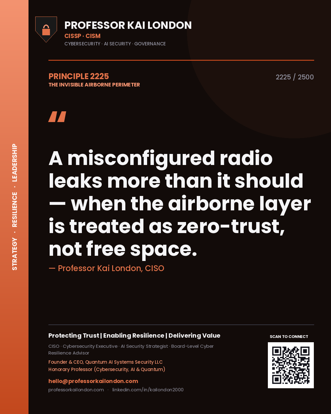Professor Kai London principle 2225: A misconfigured radio leaks more than it should — when the airborne layer is treated as zero-trust, not free space.