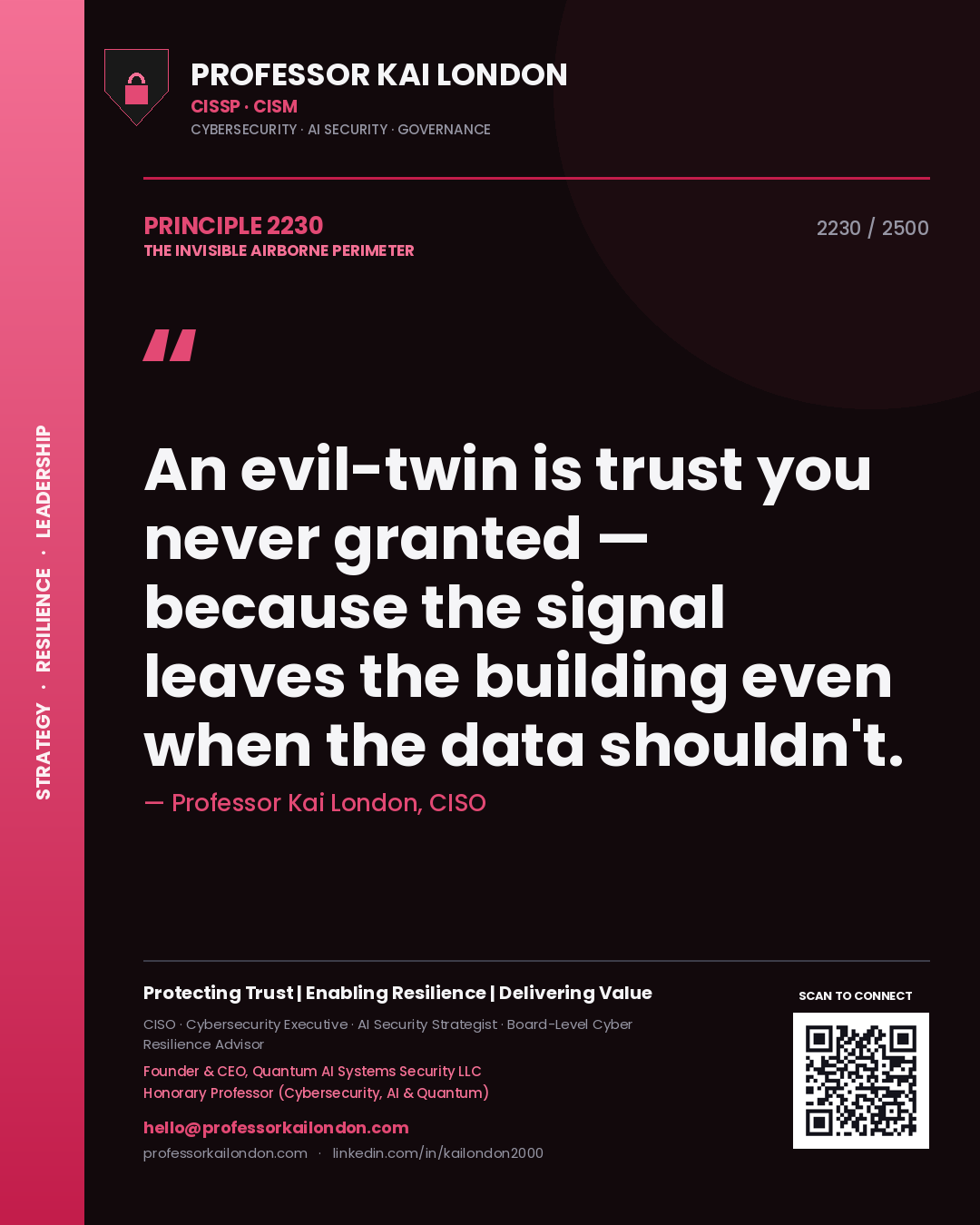 Professor Kai London principle 2230: An evil-twin is trust you never granted — because the signal leaves the building even when the data shouldn't.