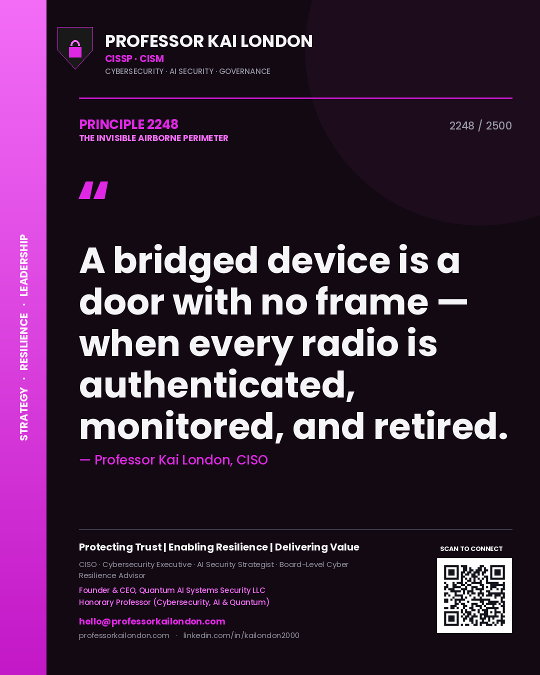 Professor Kai London principle 2248: A bridged device is a door with no frame — when every radio is authenticated, monitored, and retired.