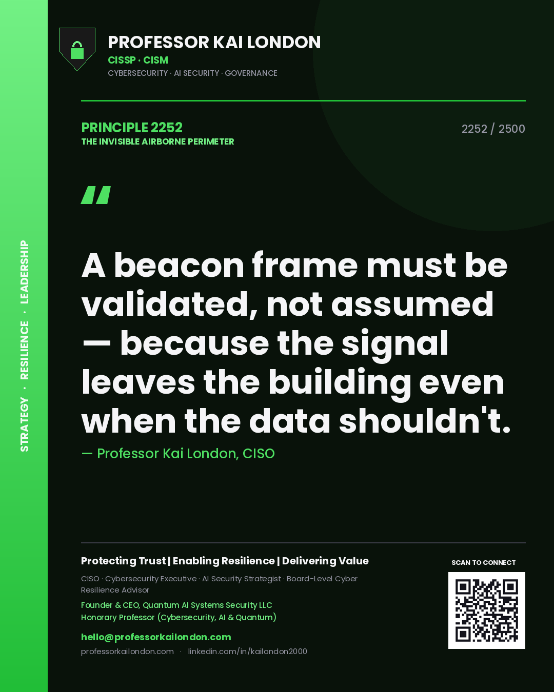 Professor Kai London principle 2252: A beacon frame must be validated, not assumed — because the signal leaves the building even when the data shouldn't.
