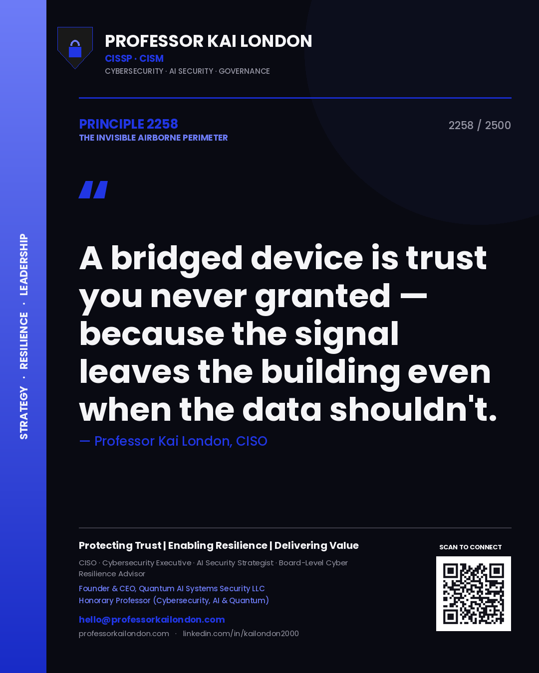 Professor Kai London principle 2258: A bridged device is trust you never granted — because the signal leaves the building even when the data shouldn't.