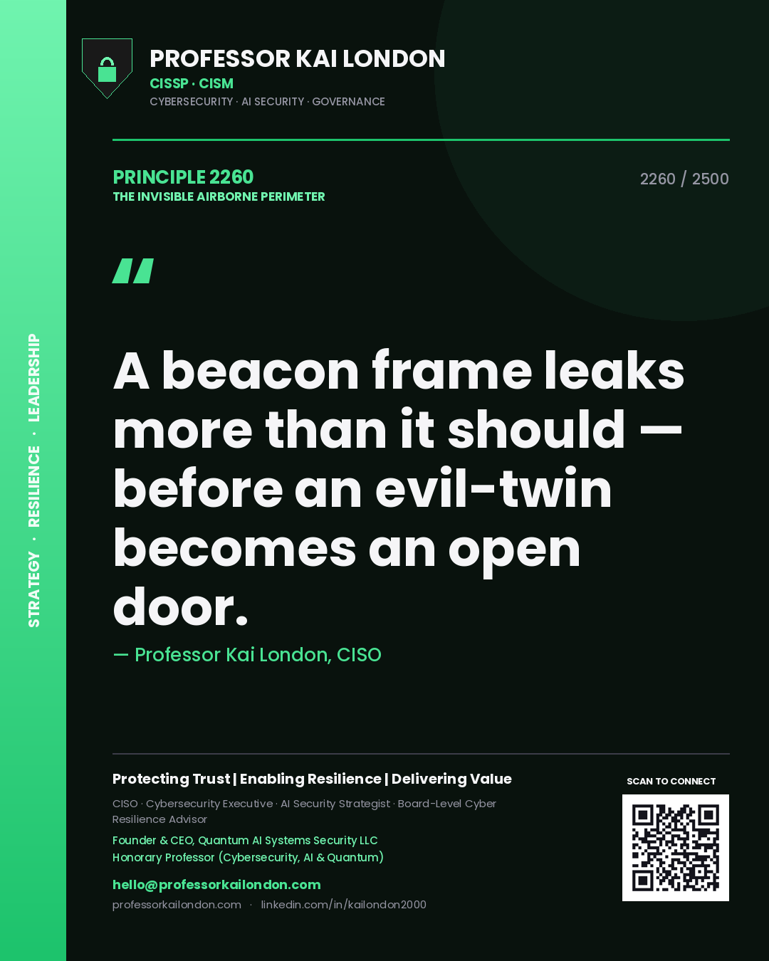 Professor Kai London principle 2260: A beacon frame leaks more than it should — before an evil-twin becomes an open door.