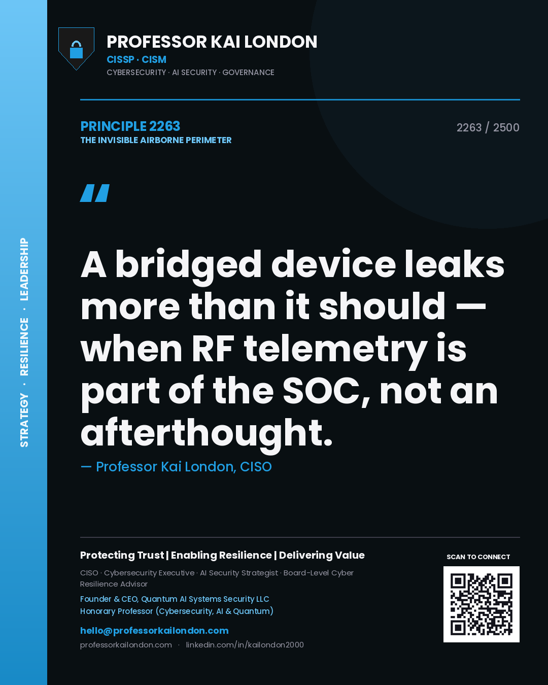 Quote card by Professor Kai London reading 'A bridged device leaks more than it should — when RF telemetry is part of the SOC, not an afterthought.'. From the book The Invisible Airborne Perimeter.