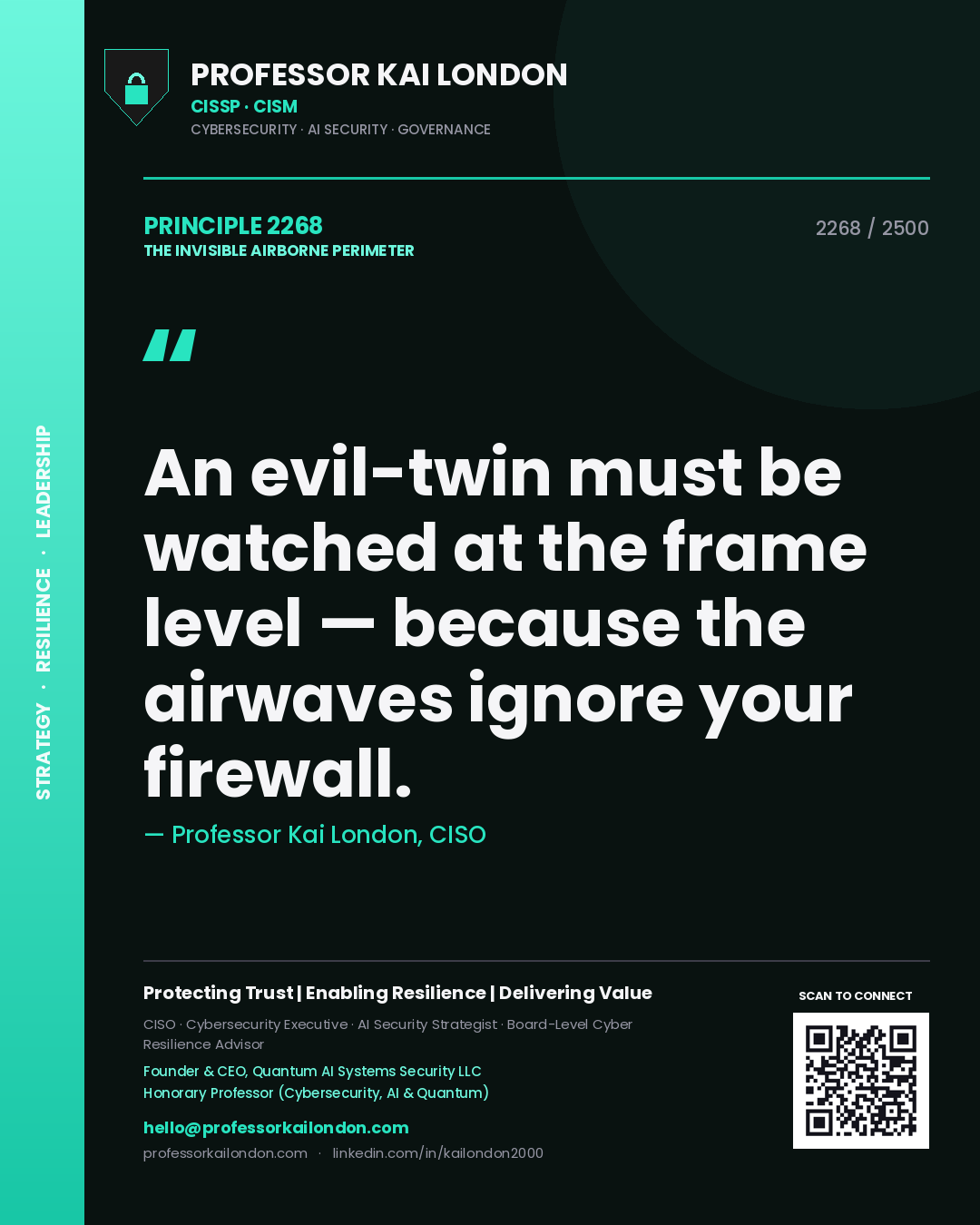 Professor Kai London principle 2268: An evil-twin must be watched at the frame level — because the airwaves ignore your firewall.