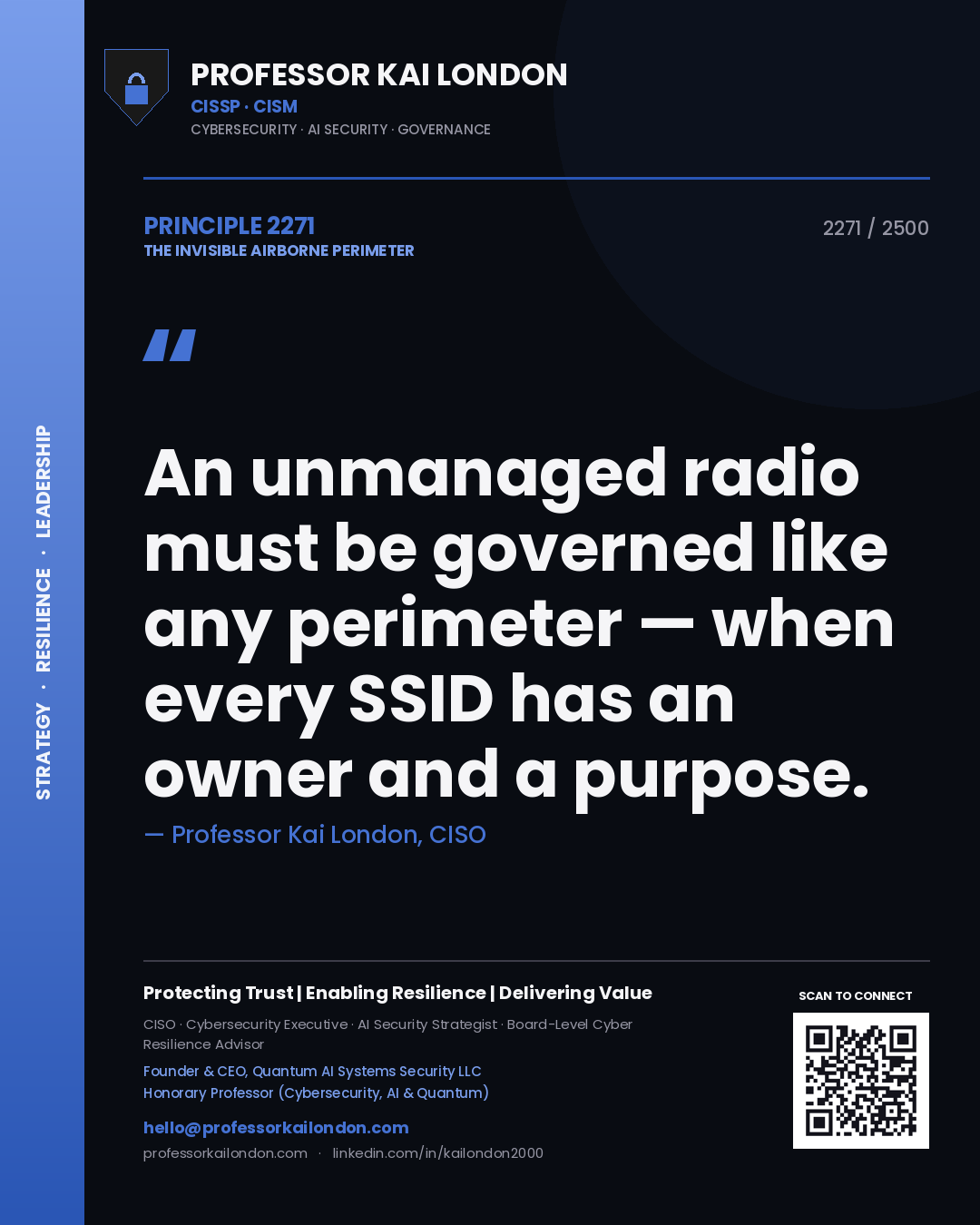 Quote card by Professor Kai London reading 'An unmanaged radio must be governed like any perimeter — when every SSID has an owner and a purpose.'. From the book The Invisible Airborne Perimeter.
