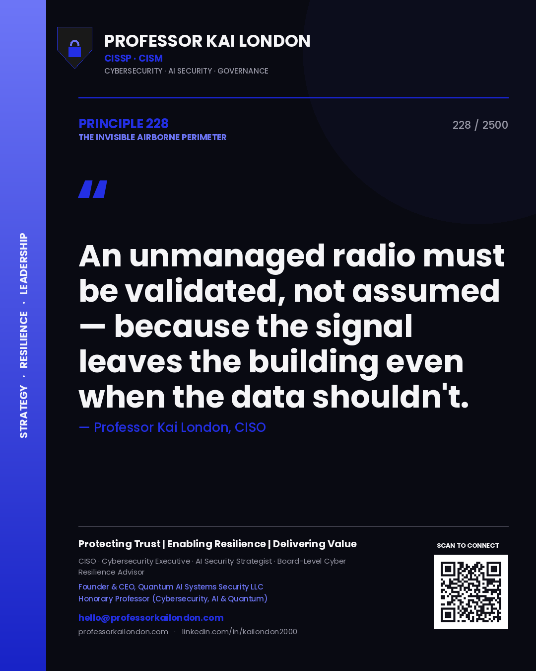 Professor Kai London principle 228: An unmanaged radio must be validated, not assumed — because the signal leaves the building even when the data shouldn't.