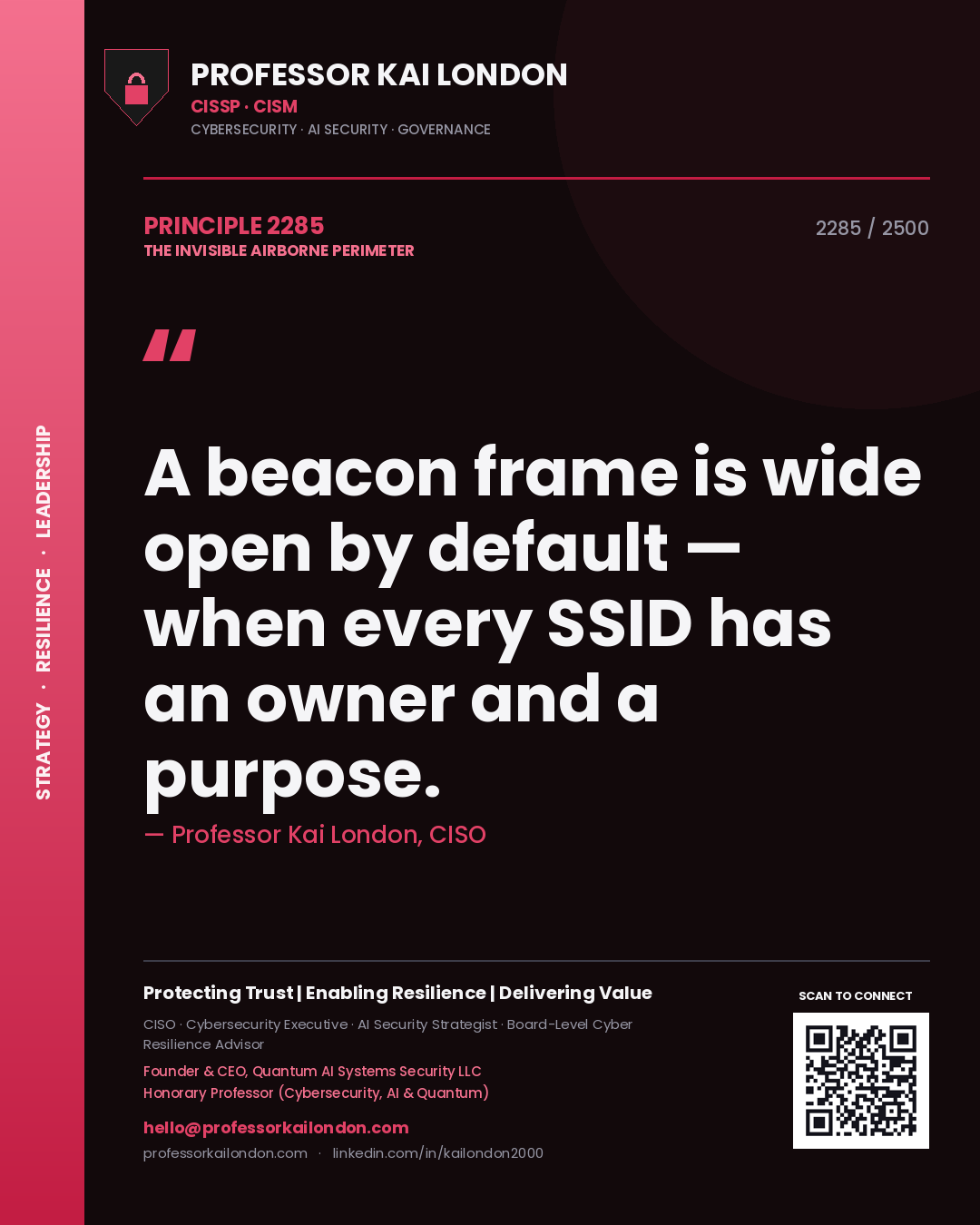 Quote card by Professor Kai London reading 'A beacon frame is wide open by default — when every SSID has an owner and a purpose.'. From the book The Invisible Airborne Perimeter.