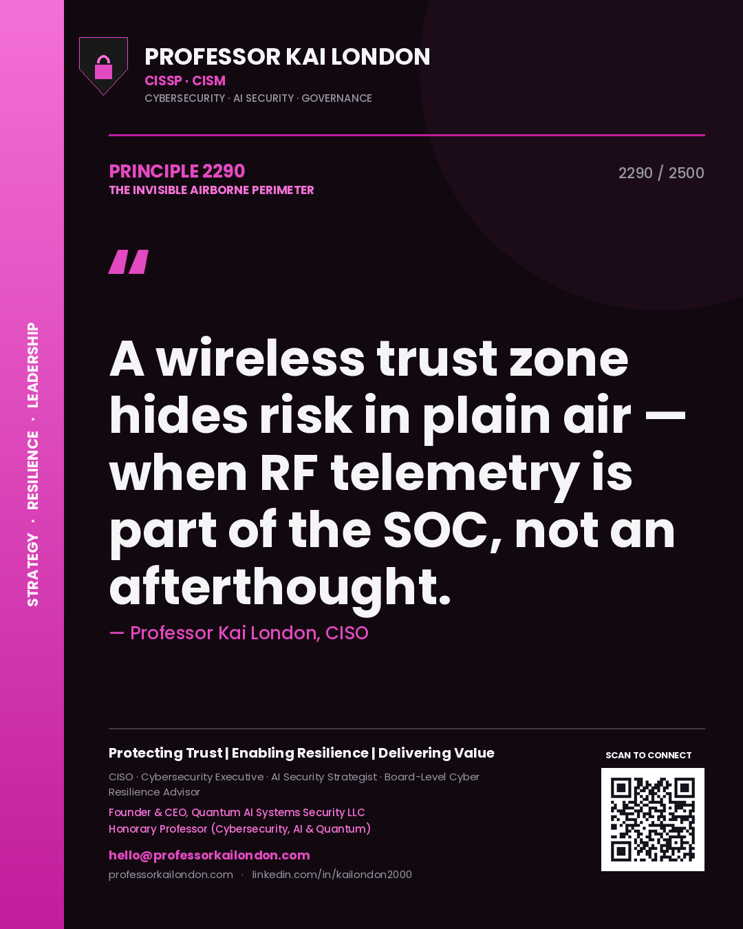 Quote card by Professor Kai London reading 'A wireless trust zone hides risk in plain air — when RF telemetry is part of the SOC, not an afterthought.'. From the book The Invisible Airborne Perimeter.