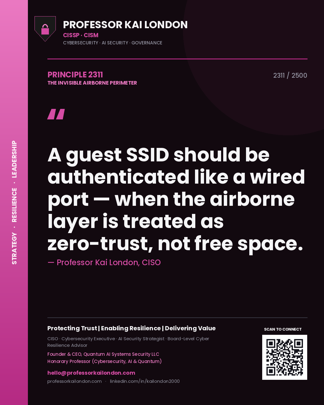Professor Kai London principle 2311: A guest SSID should be authenticated like a wired port — when the airborne layer is treated as zero-trust, not free space.
