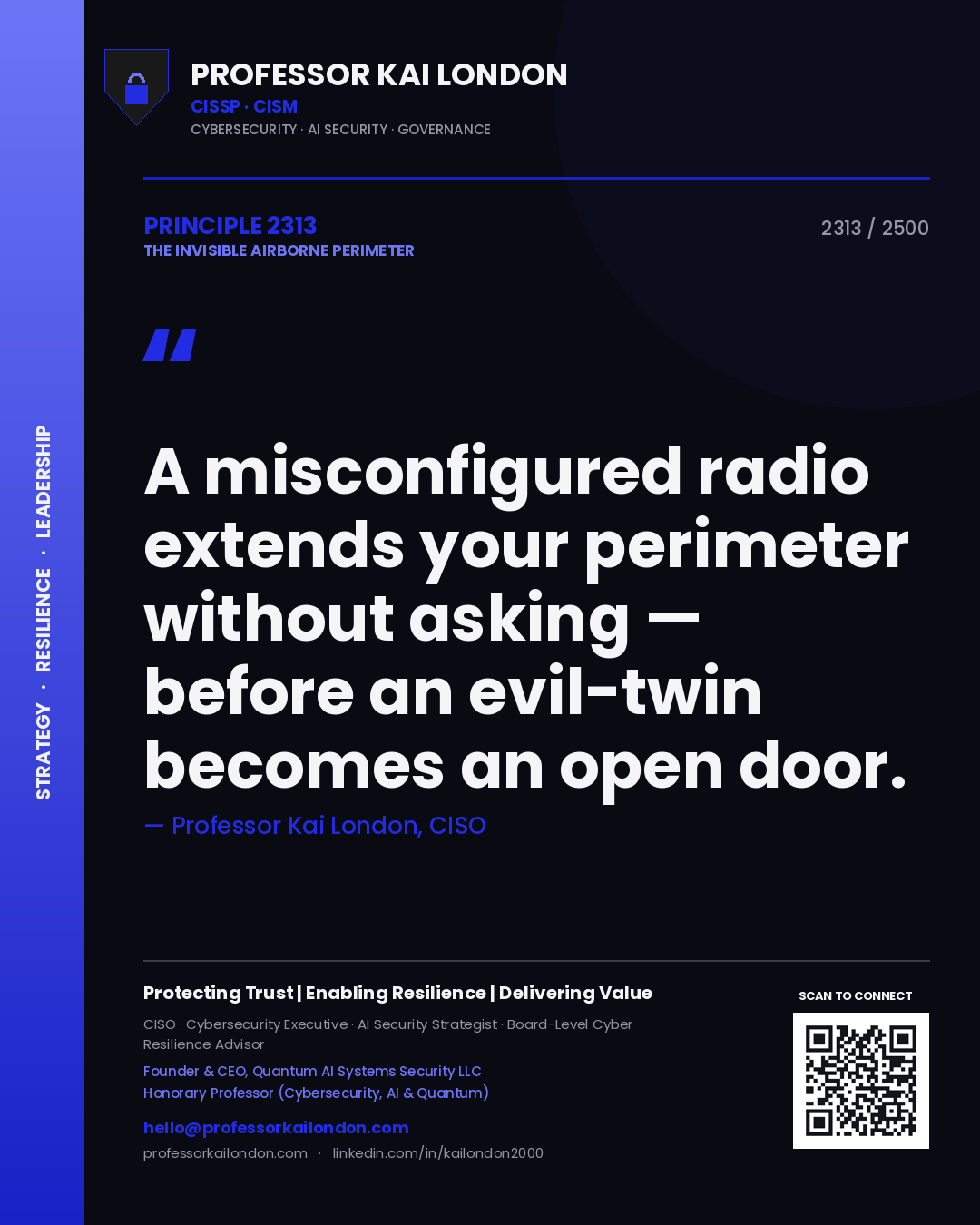 Quote card by Professor Kai London reading 'A misconfigured radio extends your perimeter without asking — before an evil-twin becomes an open door.'. From the book The Invisible Airborne Perimeter.
