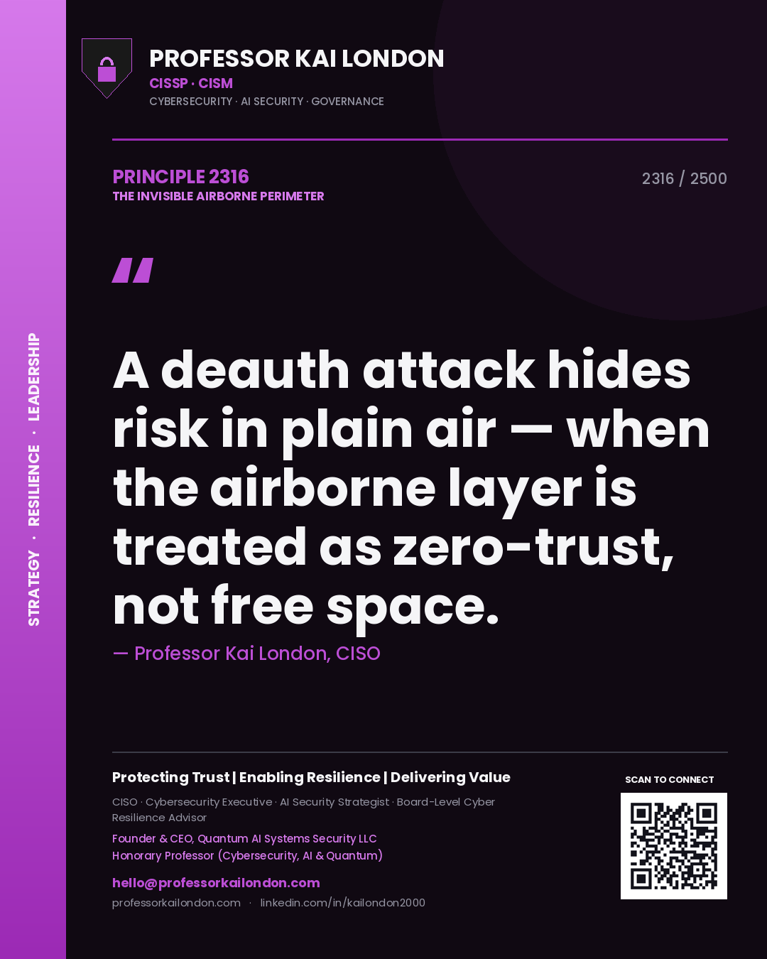 Quote card by Professor Kai London reading 'A deauth attack hides risk in plain air — when the airborne layer is treated as zero-trust, not free space.'. From the book The Invisible Airborne Perimeter.