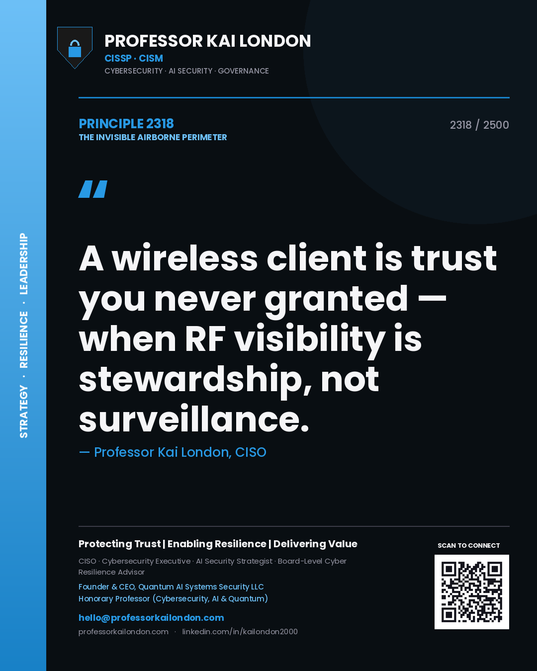 Quote card by Professor Kai London reading 'A wireless client is trust you never granted — when RF visibility is stewardship, not surveillance.'. From the book The Invisible Airborne Perimeter.