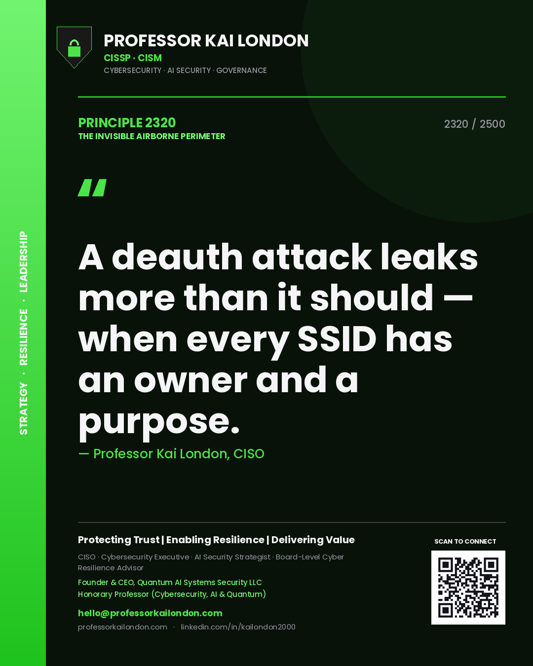 Quote card by Professor Kai London reading 'A deauth attack leaks more than it should — when every SSID has an owner and a purpose.'. From the book The Invisible Airborne Perimeter.