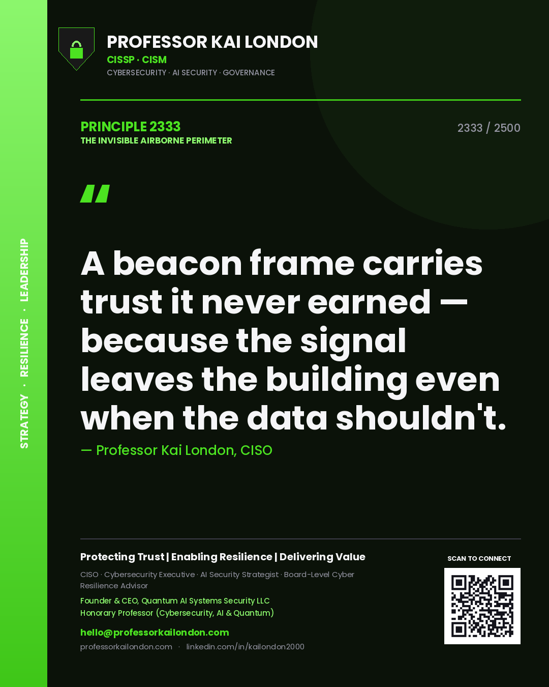 Quote card by Professor Kai London reading 'A beacon frame carries trust it never earned — because the signal leaves the building even when the data shouldn't.'. From the book The Invisible Airborne Perimeter.