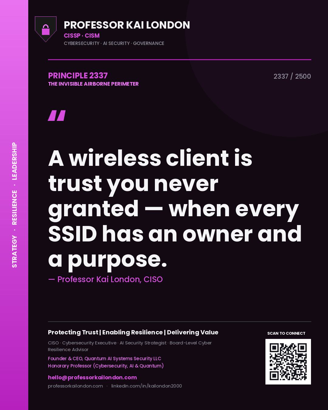 Quote card by Professor Kai London reading 'A wireless client is trust you never granted — when every SSID has an owner and a purpose.'. From the book The Invisible Airborne Perimeter.